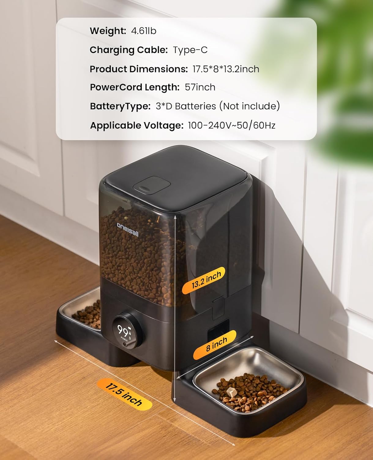 oneisall Cordless WiFi Automatic Cat Feeder for 2 Cats
