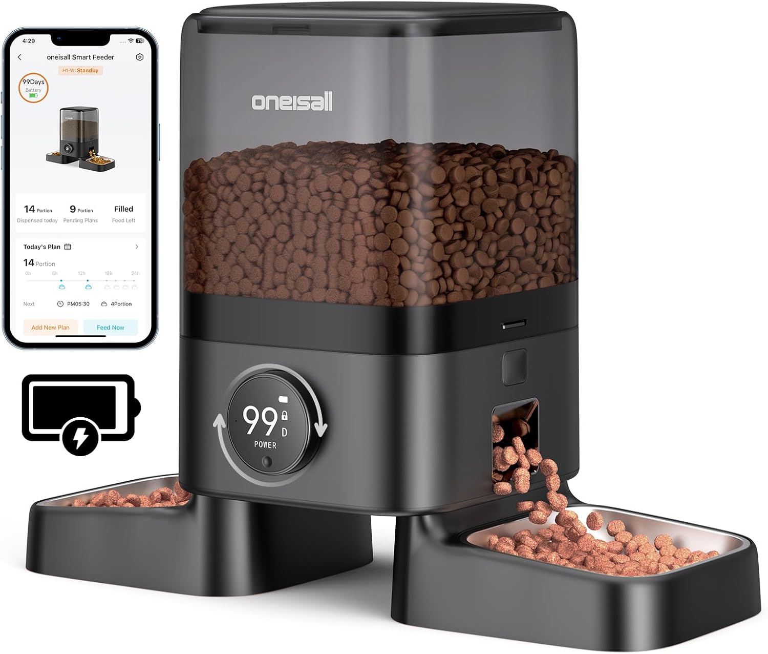 oneisall Cordless WiFi Automatic Cat Feeder for 2 Cats