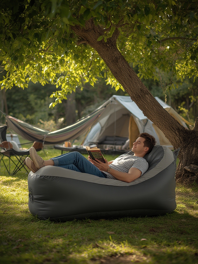inflatable lounger set up as camping furniture outside